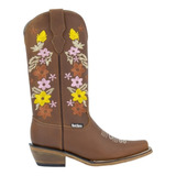 Botas Vaqueras Para Dama 100% Piel, Flores, Tacón Cubano