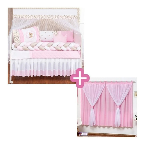 Kit De Berço Trança Ursa Tedy Rosa Menina 11 Peças + Cortina