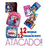 12 Mochilas + 12 Toalhas De Rosto Infantil Revenda Atacado