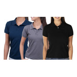 Kit 3 Camisetas Polo Feminina Piquet Básica Lisa Coloridas