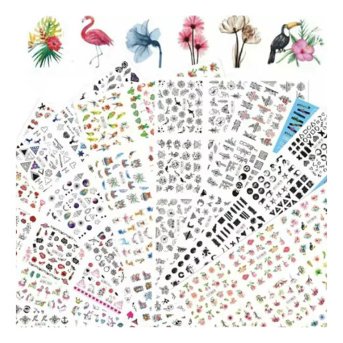 10 Planchas Stickers Al Agua Tatoo Deco Nails Lefemme 