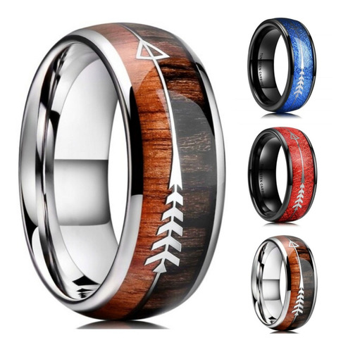 Anel Flecha Madeira 8mm Aço Tungstênio Masculino Feminino Mc