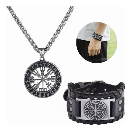 Collar Vegvisir Con Brújula De Runas Vikingas Acero Inoxidab