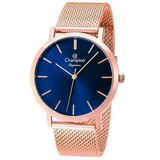 Relógio Champion Elegance Feminino Rose Fundo Azul Cn20819a