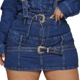 Short Saia Jeans Plus Size Com Detalhes De Cinto