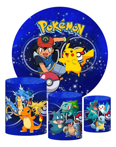 Kit Pokemon Trio Capas De Cilindro + Painel Redondo Tecido