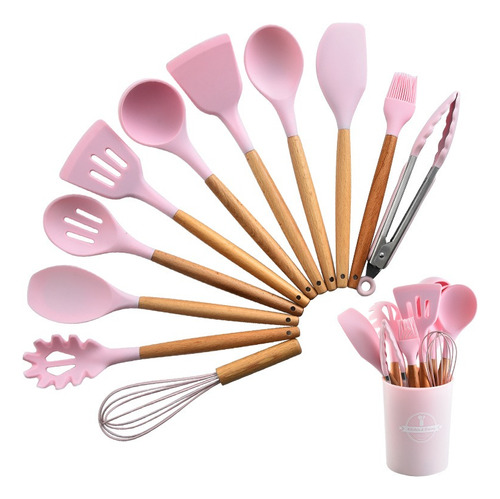 Kit 12 Utensílios De Cozinha Em Silicone E Cabo De Madeira