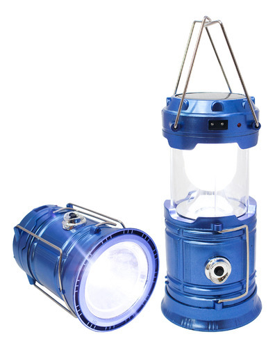 Lanterna Led Solar Lampião Camping Recarregável Usb Azul