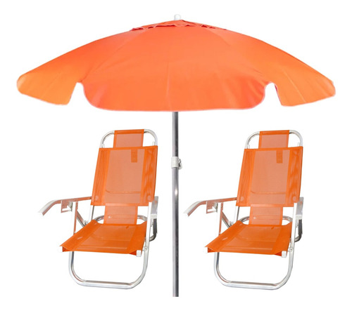 Kit Cadeira De Praia + Guarda-sol Articulável 2,0m Laranja 