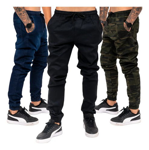 Kit 3 Calças Jogger Masculina Jeans Com Punho Elastico | Frete grátis