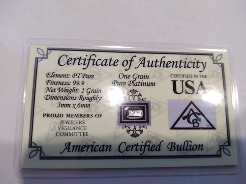 Platino Puro 1 Grano Certificado American Certified Bullion