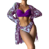 Z 3 Piezas Conjunto De Playa Floral Bikini + Kimono Damas