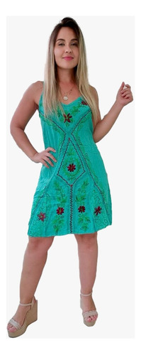 Vestido Indiano Tipo Trapézio Alça C/bordado Batik Cod 019