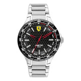 Reloj Pulsera Ferrari Sf521290730011743 De Cuerpo Color Negro, Para Hombre, Con Correa De Acero Inoxidable Color Plateado, Bisel Color Negro