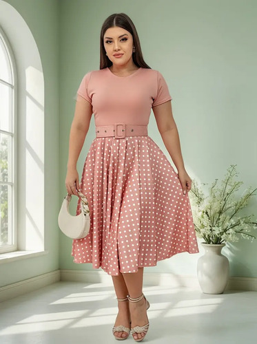 Vestido Midi Godê Poá Estilo Anos 60\u002F70\u002F80 Moda Cristã | Parcelamento sem juros