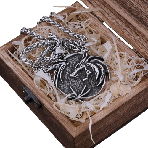 Collar Hombre De Lujo Lobo The Witcher Nórdico Caja Vikings