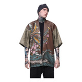 Kimono Haori Oriental Japão Samurai Skull Ondas Carpa Ondas