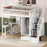 Cama Loft C/escritorio,armario,escaleras,estantes H&bd White