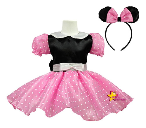 Disfraz Vestido Estilo Mimi Minnie Mouse Rosa Incluye Orejas