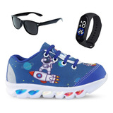 Tenis De Led Infantil Masculino Astronauta + Relogio +oculos