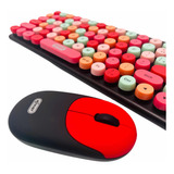 Kit Teclado E Mouse Sem Fio Retrô  Teclas Redondas Coloridas