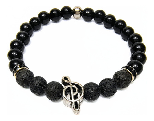 Pulsera De Hombre Con Piedra De Lava + Dije Clave De Sol