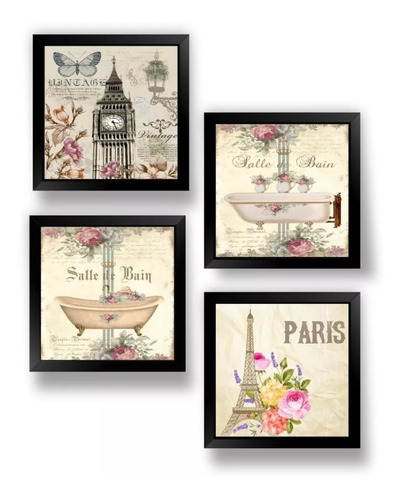 Kit 4 Quadros Decorativo Paris Lavabo C/moldura Banheiro Ys