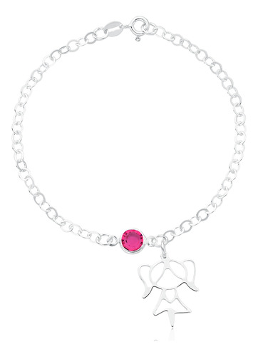 Pulseira Menina Com Pedra Rosa Prata 925