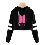 Hoodies Corto Negro De Mujer, Logo Bts Rosado