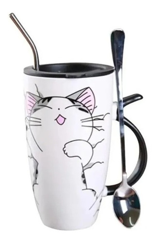 Tazón Con Tapa 600ml Gatito Mug Cerámica+ Cuchara+ Bombilla