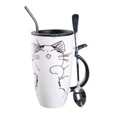 Tazón Con Tapa 600ml Gatito Mug Cerámica+ Cuchara+ Bombilla