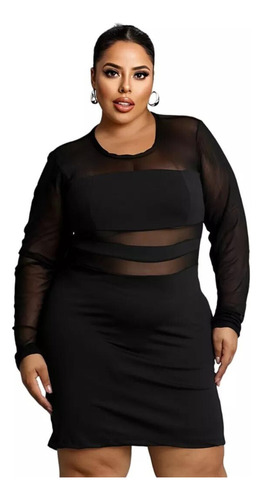 Vestido Plus Size Manga Longa Detalhe Em Tule Inverno Grande