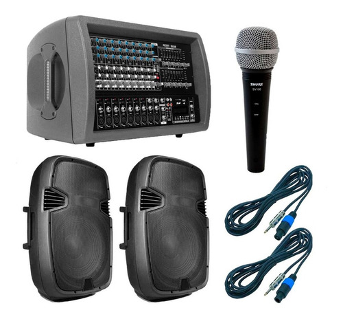Combo Sonido Mixer Potenciada + Cajas + Microfono Shure