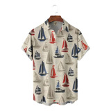 Camisa Hawaiana Unisex Azul Y Blanca Con Diseño De Velero, C