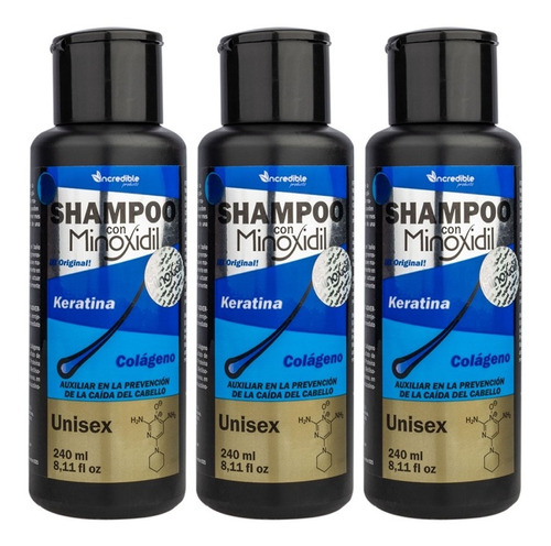 Kit 3 Shampoo Minoxidil Keratina Colageno Sin Sal 720ml