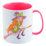 Caneca Infantil Pink Bruxa Halloween Vassoura