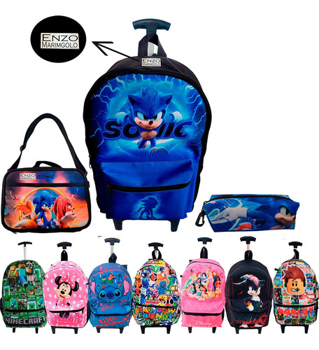 Kit Mochila Lancheira Sonic Infantil Escolar Rodinhas E Nome