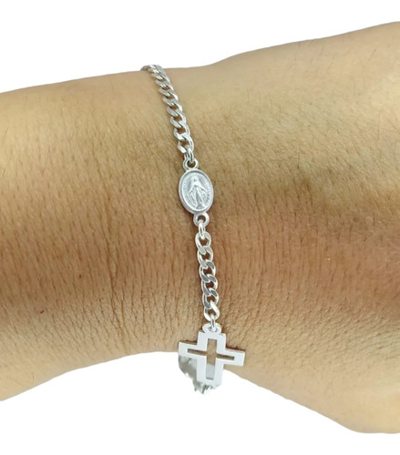 Pulsera De Plata Con Virgen De Los Rayos, San Benito Y Cruz