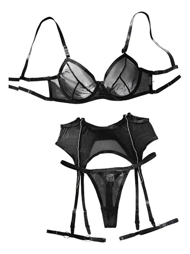 Conjunto Liguero Lencería Sexy Negro Transparente Mujer