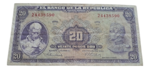 Colombia 20 Pesos Oro 1963