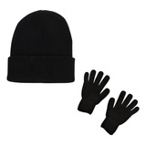 Kit Gorro + Luva Touca Inverno Preta Lisa De Lã Frio Adulto