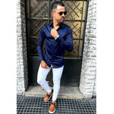 Camisa Social Masculina Slim Fit Elastano M\ Longa Premium 