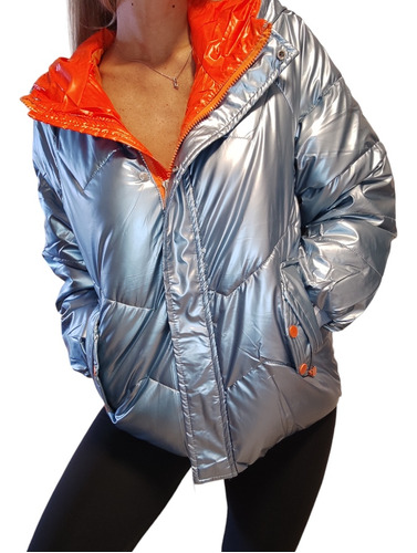 Campera Mujer Puffer Metalizada Capucha Abrigada Tendencia 