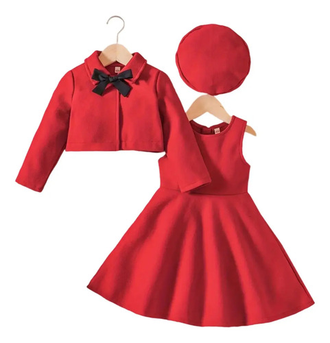 Conjunto De 4 Piezas: Vestido De Tweed Con Lazo Y Gorro