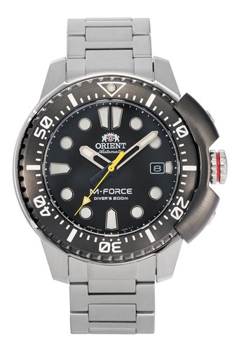 Reloj Orient M-force Automatic Diver 200m Ra-ac0l01b00b Color De La Malla Plateado Color Del Bisel Negro Color Del Fondo Negro