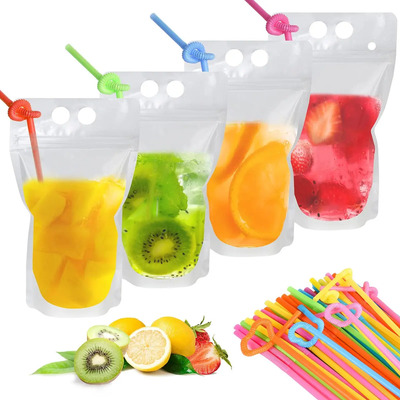 100 Pcs Bolsa De Bebida Sellada Portatil De Asas Con Pajitas