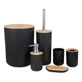 Kit Banheiro Lixeira Saboneteira Completo Preto Bambu  6 Pç