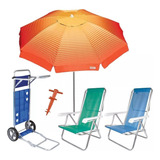 Kit Guarda Sol 2,2m Carrinho Praia Cadeira 8 Pos Saca Areia