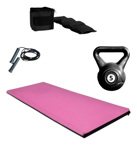 Kit Colchoneta Gimnasia + Soga + Pesa Rusa + Tobilleras Gym 