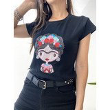 Remera De Mujer C Aplique Bordado Lentejuelas Frida Khalo